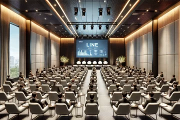 DALL·E 2025-02-04 11.14.06 - A realistic theatre-style meeting room set up for a corporate event. Rows of comfortable chairs are neatly arranged facing a large stage with a podium